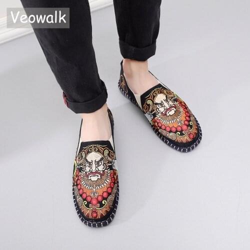 Veowalk Women Canvas Embroidered Slip On Loafers Breathable Light Driving Shoes Casual Sneakers Cotton Fabric Flat Espadrilles