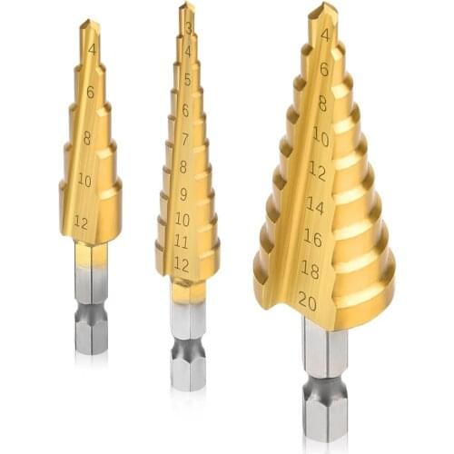 HSS Straight Groove Step Drill Bit Set Titanium Coated Wood Metal Hole Cutter Core Drill Bit Set 3-12mm 4-12mm 4-20mm 1 pcs