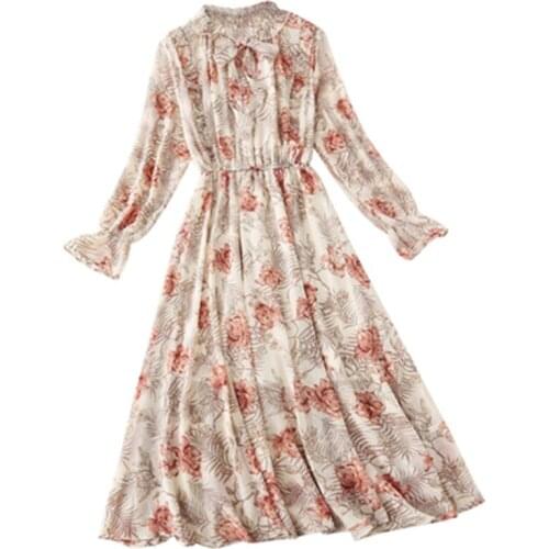 2021 New Autumn Vintage Lace Up Printed Dress Women Ruffles Chiffon Female Maxi Dress Lining Elegant Party Vestidos Femme 262