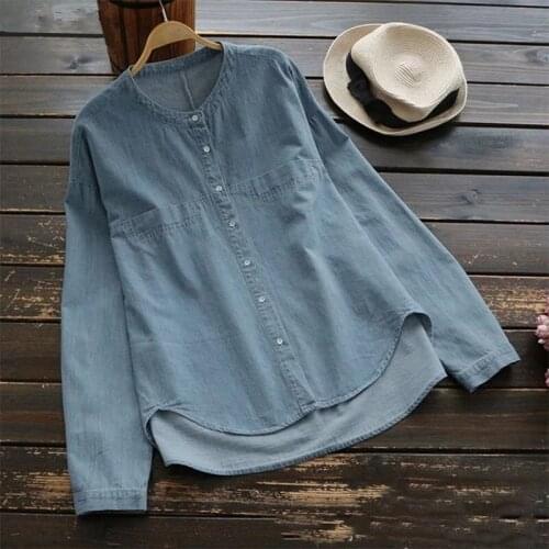 New Casual Stand Collar Denim Long Sleeve Shirt