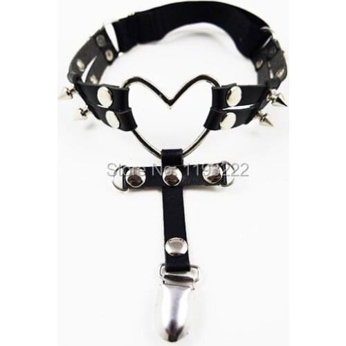 Sexy Punk Gothic Real Leather Garter Harness Large Big Heart Garter Belt Double Studded Cross Leg Ring Loop
