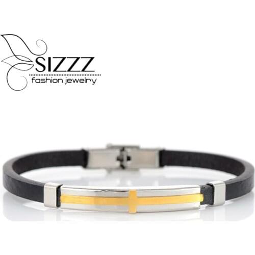 SIZZZ 21.3CM Long New stainless steel cross religious jewelry leather fashion bracelet&bangles for women/men
