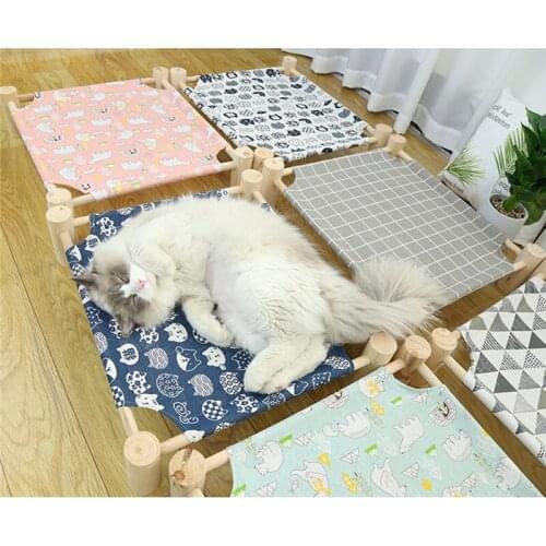 Detachable Elevated Cat Bed House Cat Hammocks Bed Wood Canvas Cat Lounge Bed For Small Dogs Rabbit Cats Durable Canvas Pet Bed