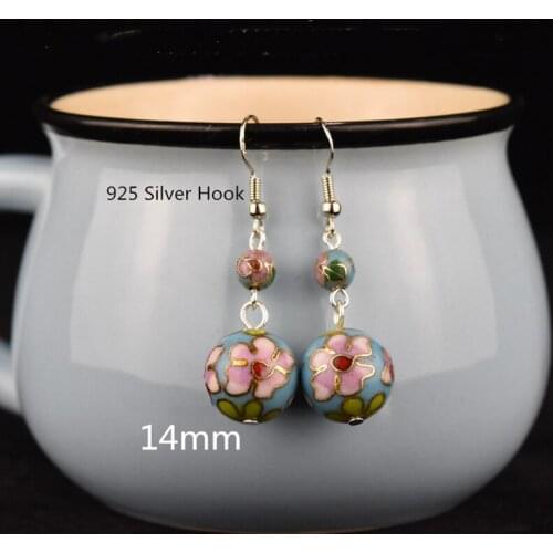 Hand Polished Enamel Filigree Flower 14mm Beaded Earrings 925 Silver Hook Cloisonne Eardrop Jewelry Ladies Ear Dangle Accessorie