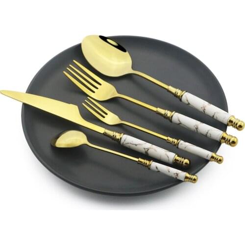 Stainless Steel Dinnerware Vintage Ceramic Knife Cake Fork Spoons Cutlery Set White Gold Dinner Tableware Kitchen Silverware Set