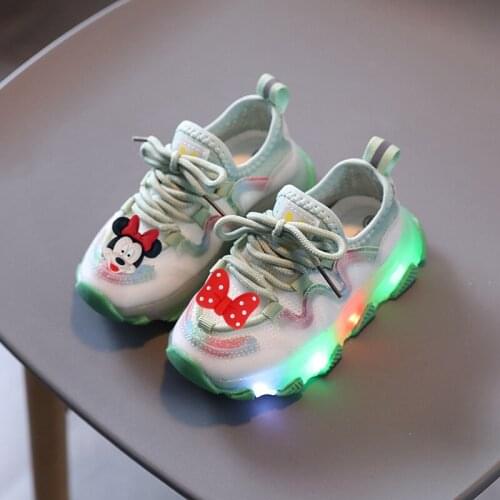 Disney Minnies LED casual shoes childrens stretch cloth light-up shoes for boys girls luminous running shoes baby toddler shoe