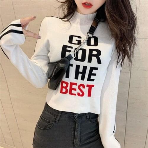 Woman Sweaters Autumn Air Half Turtleneck Letter Slim-Fit Long Sleeve High Waist Short Navel Knitted Top for Women