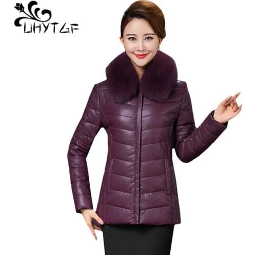 UHYTGF 6XL Plus size coat female Fur collar slim down jacket winter leather jacket womens elegant mom short leather jackets 636