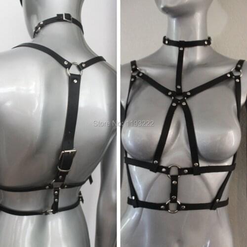 Handmade Punk Goth Sexy Real Leather Women Harness, Collar Choker Bra Frame Top Body Caged Belt Straps