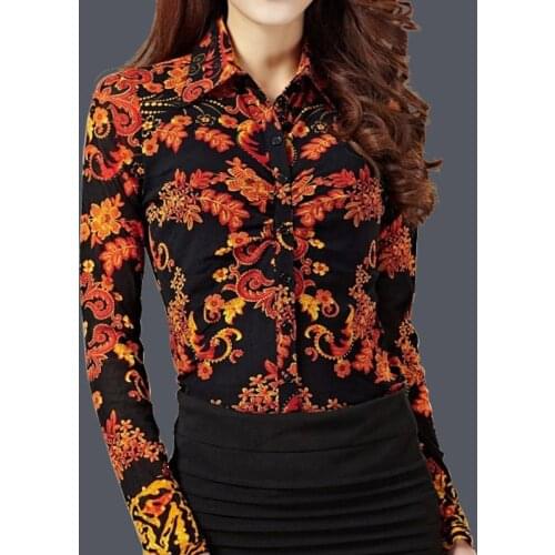 2018 Spring Fashion Casual Womens Floral Pattern Full Sleeve Stretch Single Breasted Mesh Blouse , 3XL 4XL Blouses For Woman