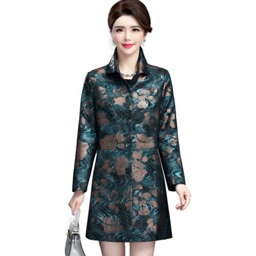 Women Comfortable Faux Leather Jacket New Middle-aged Ladies Retro Pu Leather Trench Floral Printed Coats Female Clothing 6XL