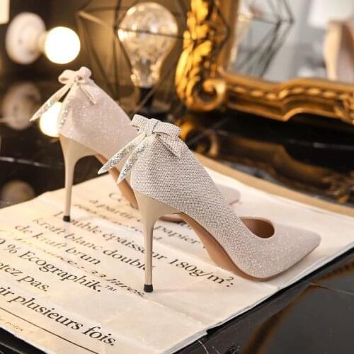2021 Spring and Autumn French Womens High Heels Pointed Toe Low-Cut Stiletto Woman Luxury Designer-Bow Heels Gold