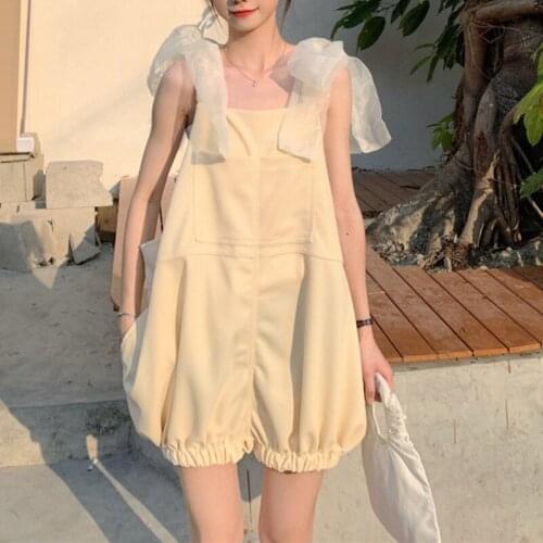 Korean Summer 2021 Casual Women Playsuits Lace Bandage Bow Sleeveless Loose Short High Waist Loose Female Lantern Overalls