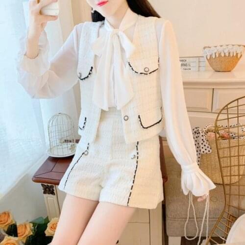 2021 Women Winter Sweet Tweed 3 Piece Set Lady Button Short Jacket + Bow Shirts + Wide Leg Shorts Set Female Casual Suit F845