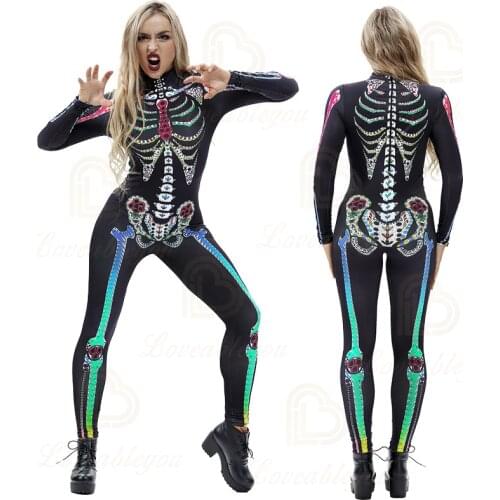 3D Printing Women Halloween Cospaly Costumes Female Zombie Carnival Party Role-play Sexy Tight Scary Jumpsuit Bodysuit