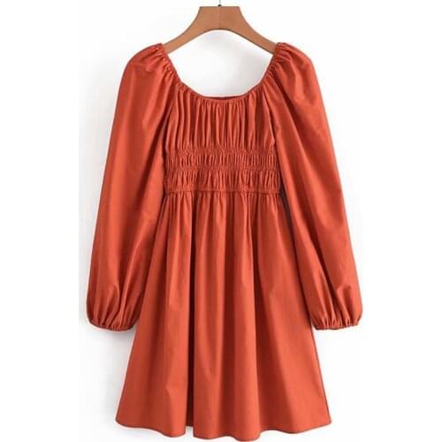 YENKYE New Fashion Women Orange Red Cotton Casual Dress Female O Neck Lantern Sleeve Elastic Waist Summer Dress Short Vestido