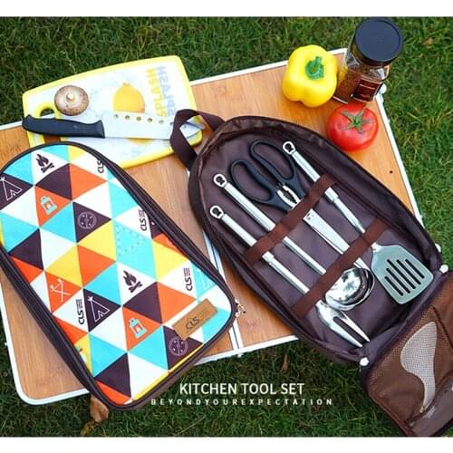 7Pc/set Stainless Steel Bbq Tool Portable Outdoor Camping Picnic Modern Kitchen Spatula Soup Spoon Dinnerware Accessories Items