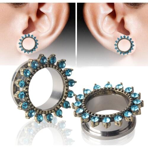 Alisouy 2pcs/lot Blue Crystal Rhinestone Flower Ear Plug Tunnels Body Piercing Jewelry Ear Gauge Expander Stretcher 6-20mm