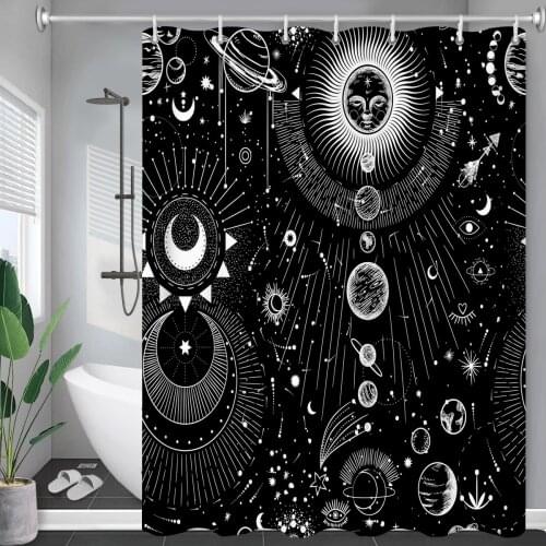 White Black Sun Moon Shower Curtains Indian Mandala Boho Printed Psychedelic Witchcraft Decoration Waterproof Bathroom Curtains