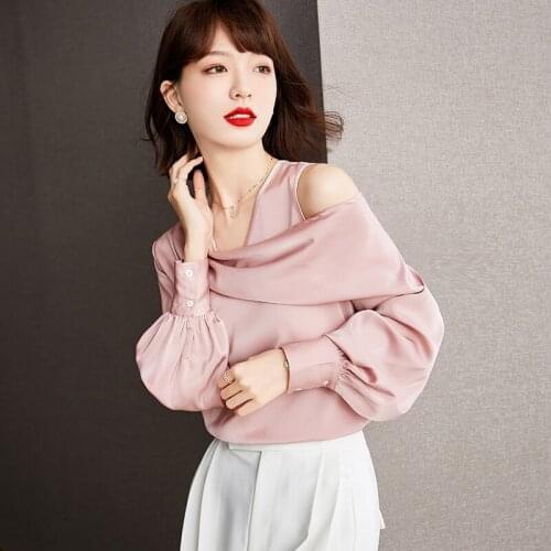 Autumn Women Irregular Stain Blouses Elegant Office Lady Off The Shoulder Lantern Sleeve Shirt Tops Blusa