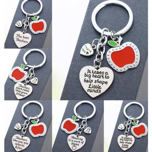 12PCs/Lot Wholesale Keychain With Apple Keyring Teachers Gift Key Chain Key Ring Jewelry Gifts For Teacher Heart Pendant Charm