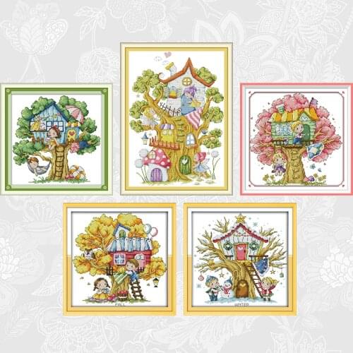 DIY Handmade Cross Stitch Printed on Canvas Tree House 11CT 14CT Cross Stitch Semi-finished Embroidery Needlework Home Crafts