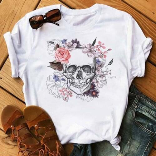 Skull Floral Graphic Printed Fashion Women T Shirt Harajuku Print T-Shirt Female Hip Hop Punk Vintage Funny Tees Tshirts Clothes