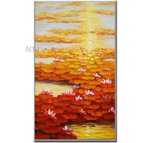 Blue Waves Rippling Lotus Sunset Oil Painting Handpainted Paintings Wall Art Home Decor Picture Modern Oil Painting On Canvas