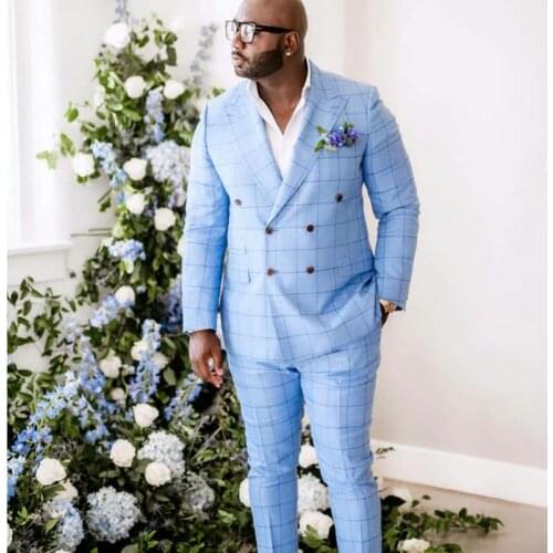 Tailored Sky Blue Check Plaid Mens Suits 2 Pieces Groom Best Man Pants Suit Business Wedding Blazer (Jacket+Pants)