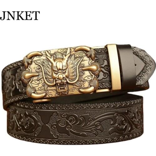 JNKET Fashion Leisure Carving Technology Waist Belt Cinturon Mens Cowhide Leather Automatic Buckle Belt Waistband