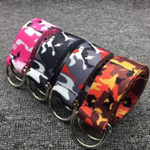 Unisex Men Women Camouflage Belts Casual Hip Hop Streetwear Double D Ring Buckle Canvas Belt Camo Waistband Belt Student Gifts
