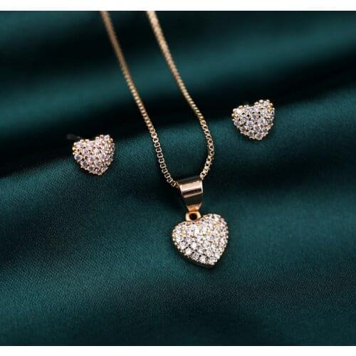 Charm Tiny Love Heart Jewelry Sets For Women Gold Color Chain Necklace zirconia earrings Modern Small Fine Wedding Bridal Set CZ