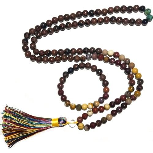 8mm Natural Mahogang Obsidian and Mookaite Necklace Japa Mala Set Meditation Yoga Spirit Jewelry 108 Bead Necklace