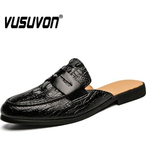 Mens Genuine Leather Half Slippers Fashion Breathable Casual Keep Toe Sandals Outdoor Beach Shoes Mules Penny Loafers