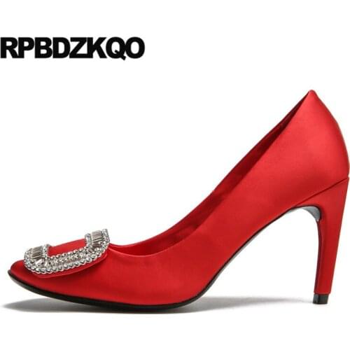 Scarpin 2019 ladies pumps high heels sexy women shoes rhinestones silk diamond size 4 34 crystal peach round toe red satin bride