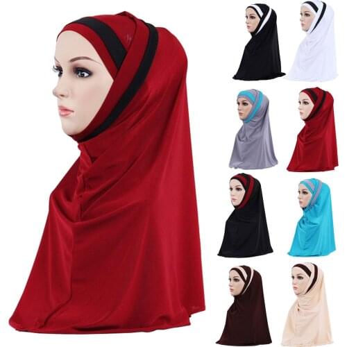 Women Color Block Muslim Soft Hijab Wrap Polyester Islamic Scarf Cap Headwear