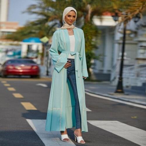 2021 New Dubai Middle East Stitching Cardigan Female Robe Muslim Pure Color Temperament Casual Home Wear Without Turban