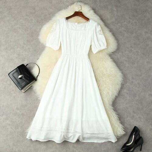 Womens Dress 2021 Summer Cut Out Lace Slim Retro Square Collar Dresses New Lady Sexy on Vacation Embroidered High Waist Dress