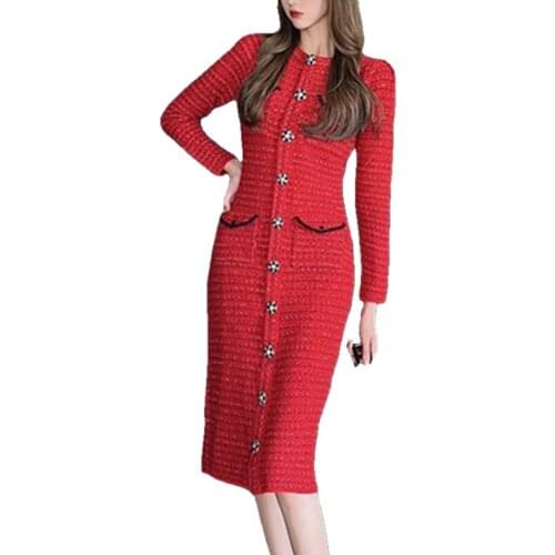 2021 New Autumn Winter Women Knitted Dress Brand Design O-neck Buttons Bodycon Sweater Dress Elegant Lady Office Dress