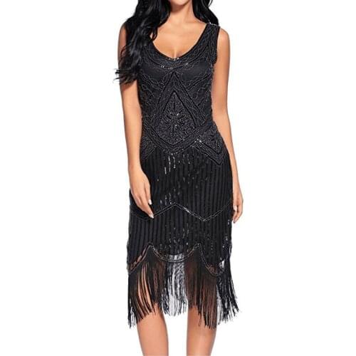 Luxury Women Embroidery Sleeveless V-Neck Elastic Waist Vintage Long Party Dress 1920s Gatsby Beaded Sequin Little Black Dresses