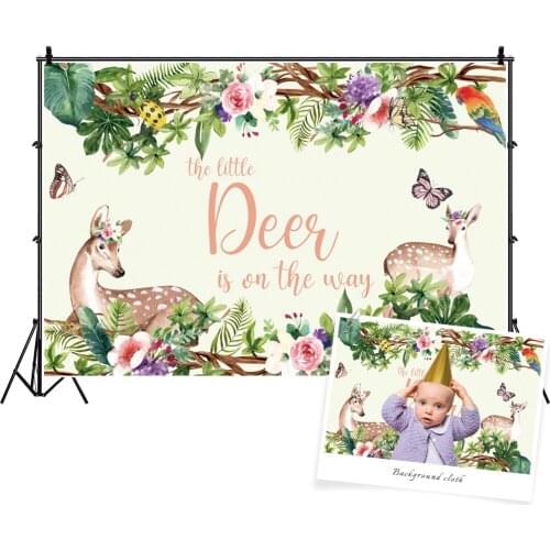 Laeacco Baby Shower Baptism Party Tropical Jungle Watercolor Deer Banner Pattern Photography Background Photo Backdrop Photocall