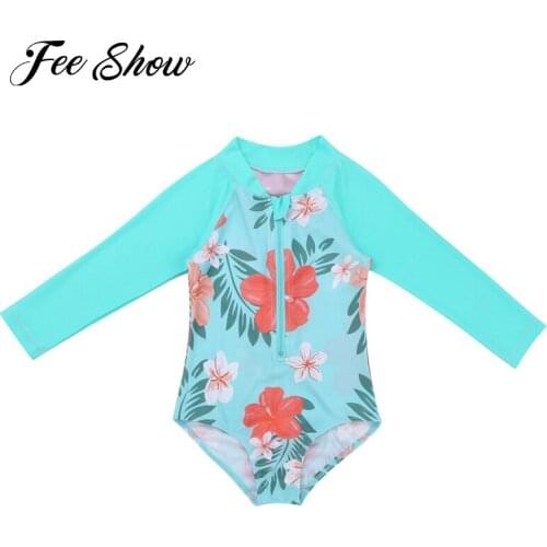Newborn One-Piece Long Sleeve Swimwear Summer Baby Girls Sun Suit Flower Print Front Zipper Swimsuit Bathing Suit Rash Guard