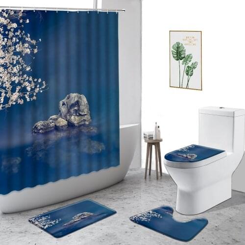 Chinese Landscape Shower Curtain Ink Painting Mountain Water Scenery Home Decoration Curtains Set Non-Slip Bath Mat Toilet Cover