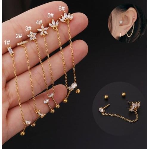 1Piece Korean Fashion Double Pierced Chain Stud Earrings for Women 2021 Trend Jewelry Piercing Flower Zircon Earrings for Teens