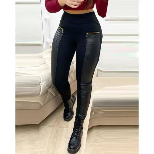 PU Leather Pants 2020 Fashion Women Fall Pre-Fall Elegant Casual Contrast Zipper Design High Waist Skinny Sexy Leggings Joggers