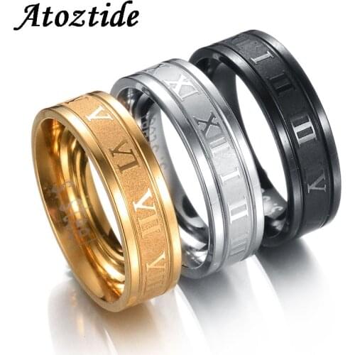 Atoztide 4-8mm Stainless Steel Roman Numbers For Women Men Cubic Zirconia Hollow Wedding Band Round Black Finger Ring Jewelry