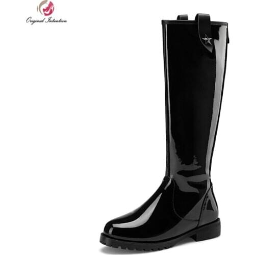 Original Intention High-Quality Winter Boots Patent Leather Black Round Shoes Concise Office Dress Casual Lady Shoes Flat Heel