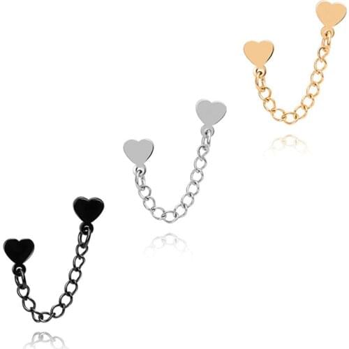 New Korea Girls KPOP Fashion Stainless Steel Stud Earring Love Heart Chain Double Ear Hole Earrings Punk Ear Piercing Jewelry
