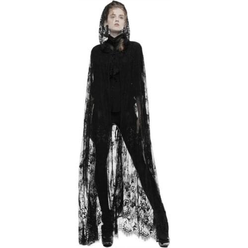 Cosplay Shawl Black Lace Shawl Floor Length Halloween Stage Mesh Perspective Cloak for Vintage Lady Halloween Shawl 2021