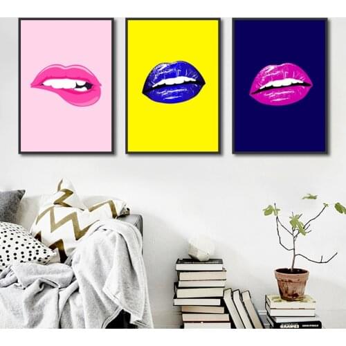 Morden Trendy Posters Busty Sexy Beautiful Pink And Blue Lips Modular Picture Wall Art Canvas Painting for Living Room Home Deco